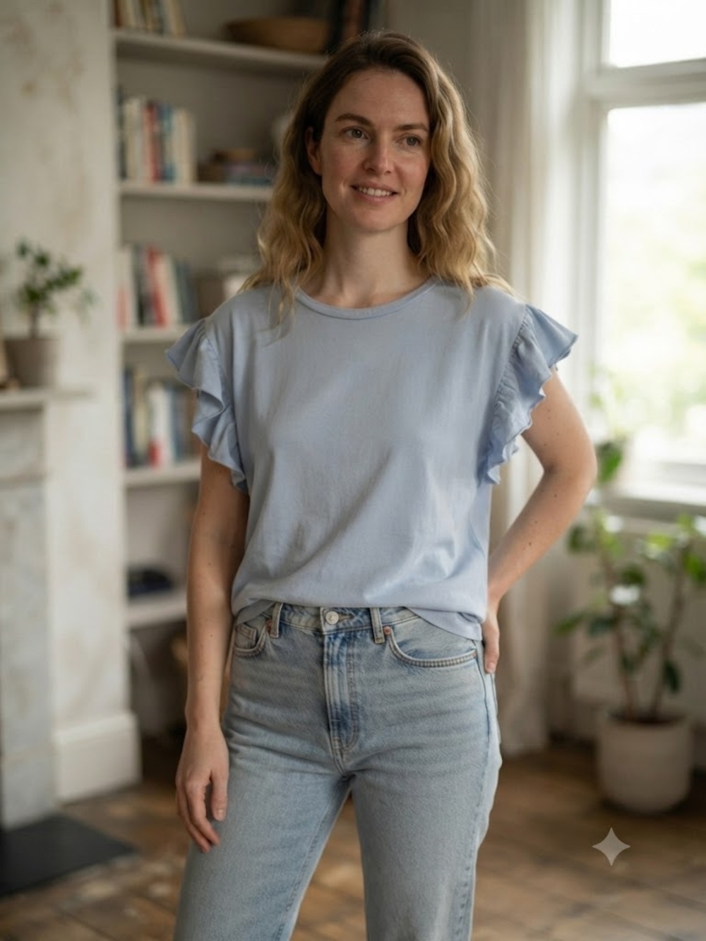 Zara Light Blue Ruffle Sleeve Women's Tee large